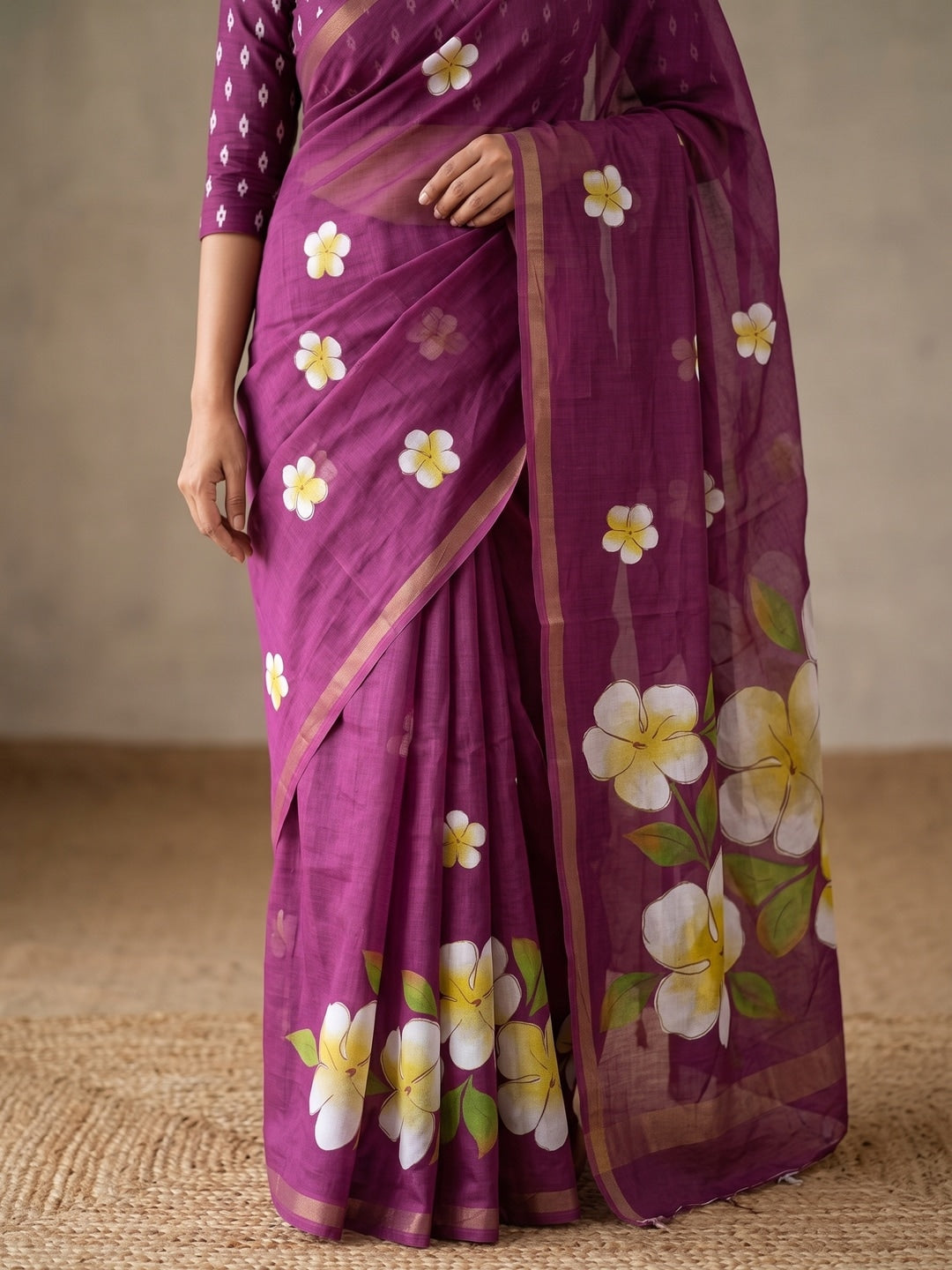 Wine Floral Printed Mul Cotton Saree with Printed Blouse - Image 5