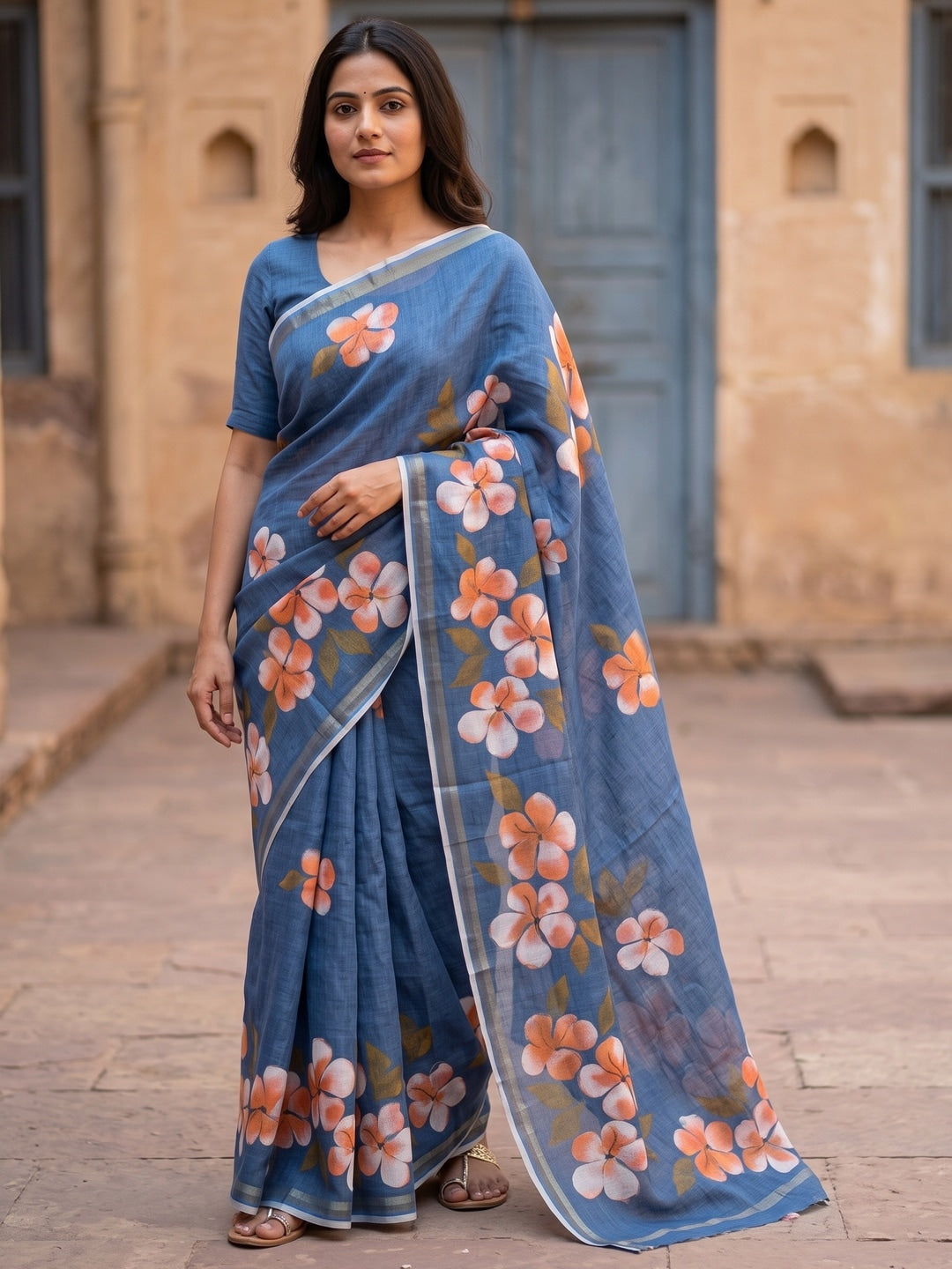 Blue Floral Printed Linen Saree with Matching Blouse - Image 1