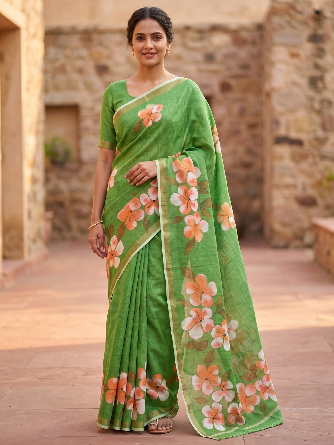 Green Floral Printed Linen Saree with Matching Blouse - Image 1