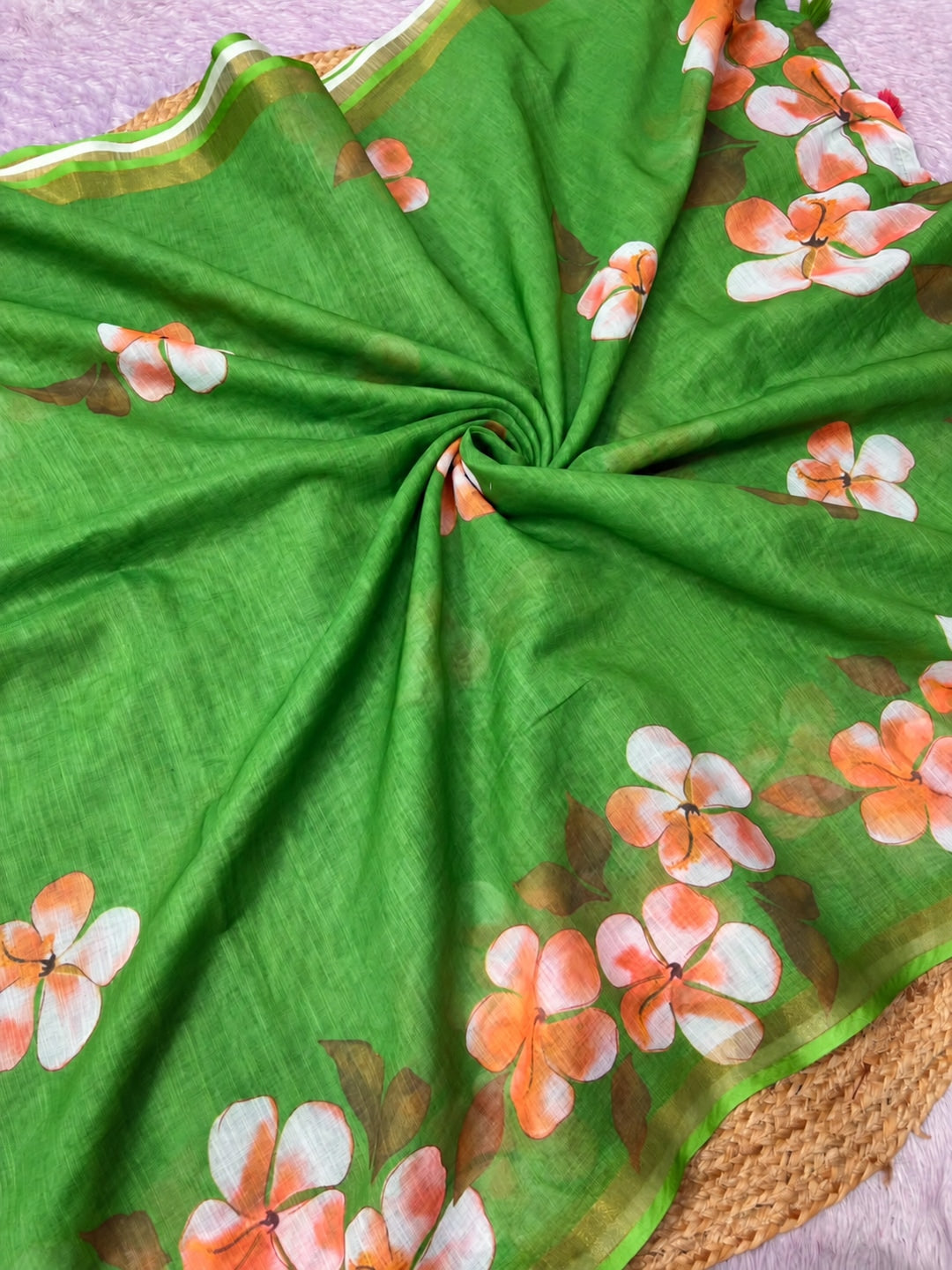 Green Floral Printed Linen Saree with Matching Blouse - Image 2
