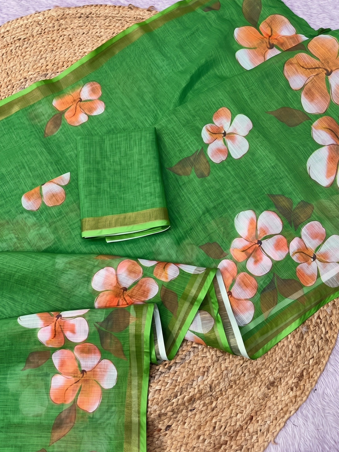 Green Floral Printed Linen Saree with Matching Blouse - Image 3