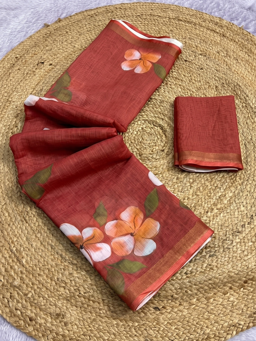 Orange Floral Printed Linen Saree with Matching Blouse - Image 4