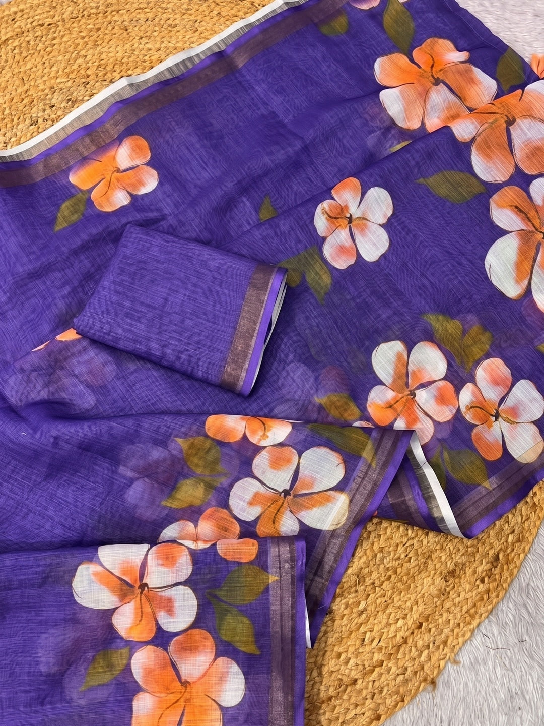 Purple Floral Printed Linen Saree with Matching Blouse - Image 2