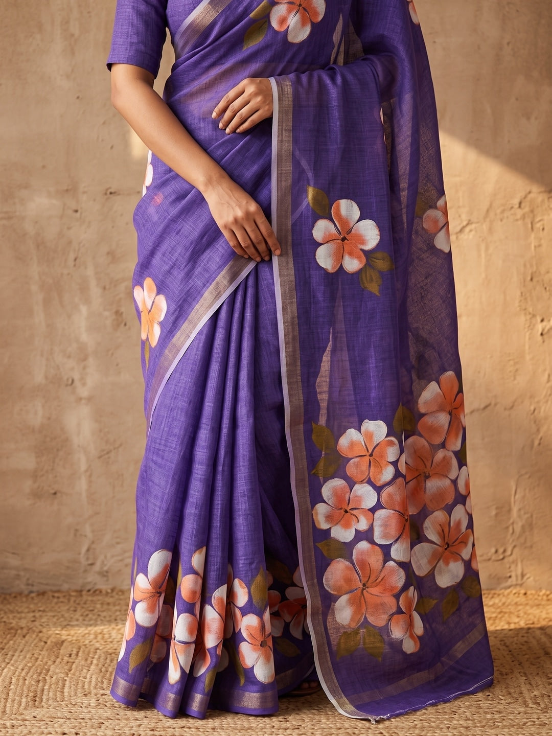 Purple Floral Printed Linen Saree with Matching Blouse - Image 5