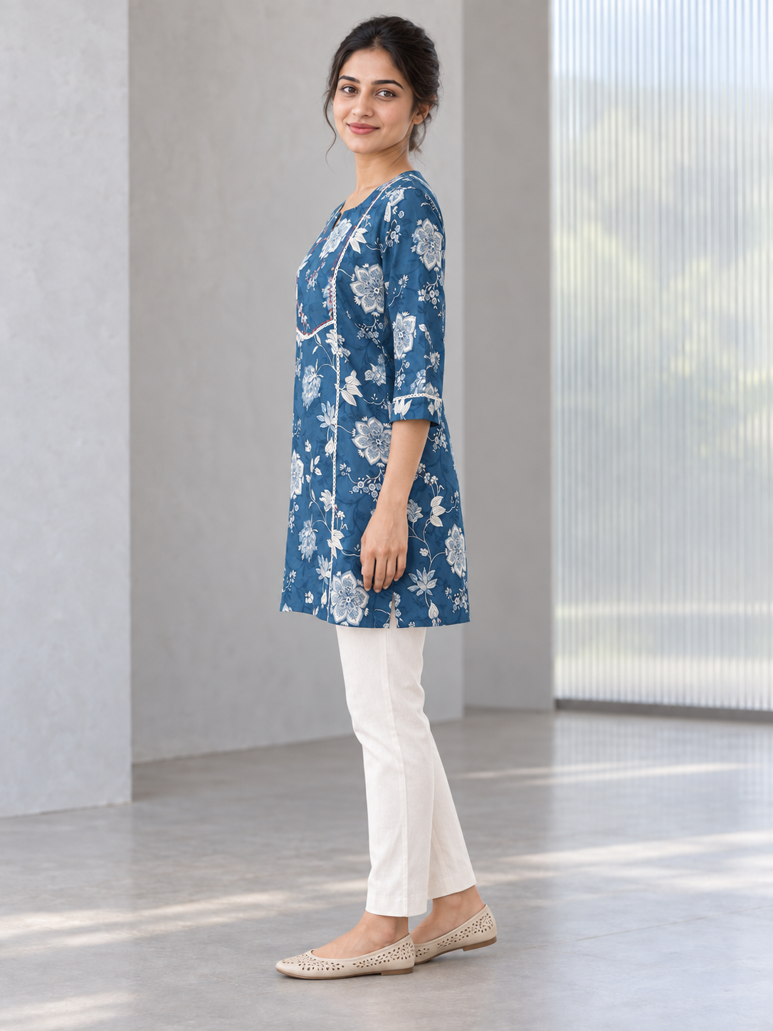 Peachmode Blue Rayon Floral Printed Embroidered Top - Image 3