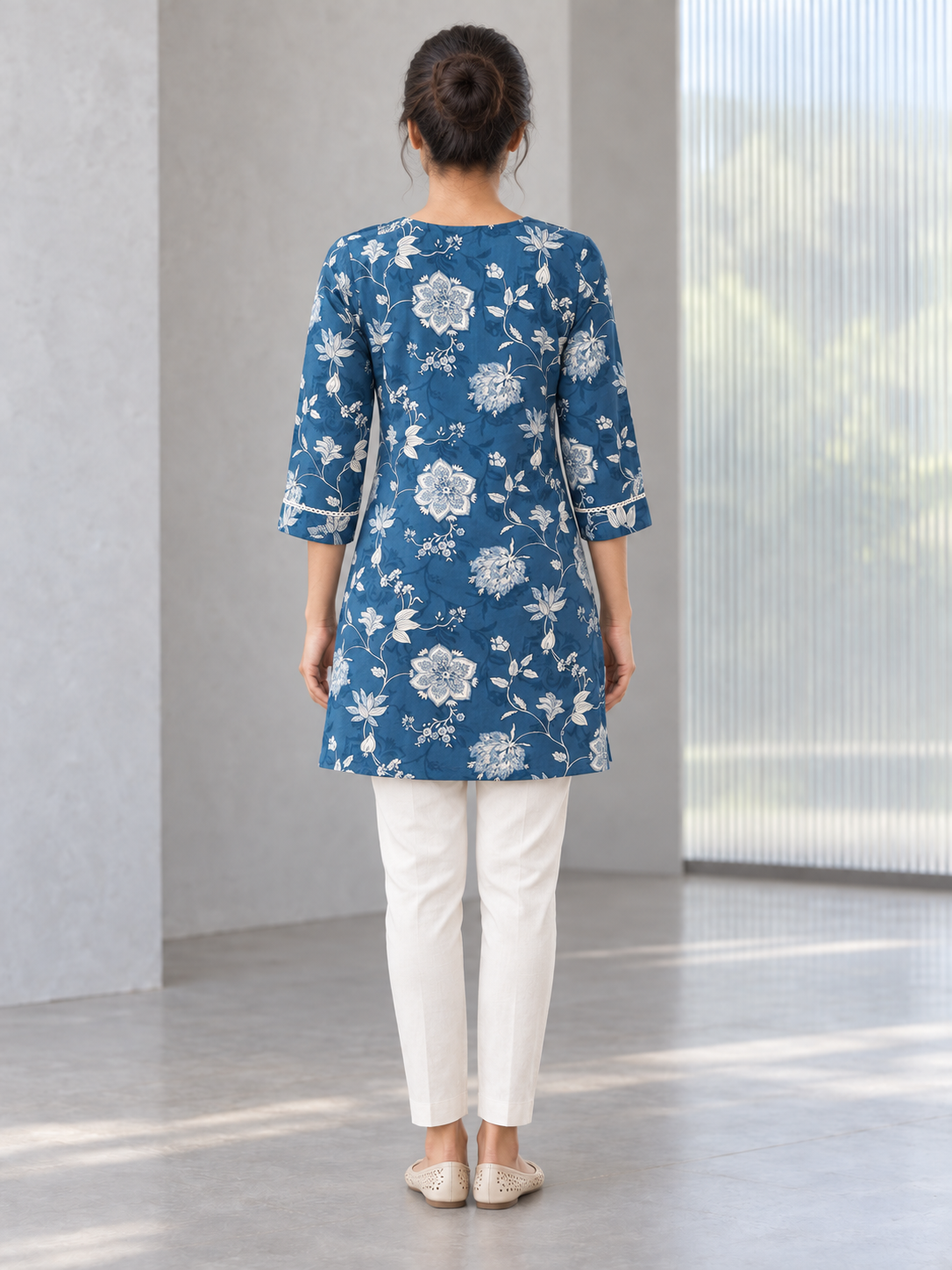 Peachmode Blue Rayon Floral Printed Embroidered Top - Image 4