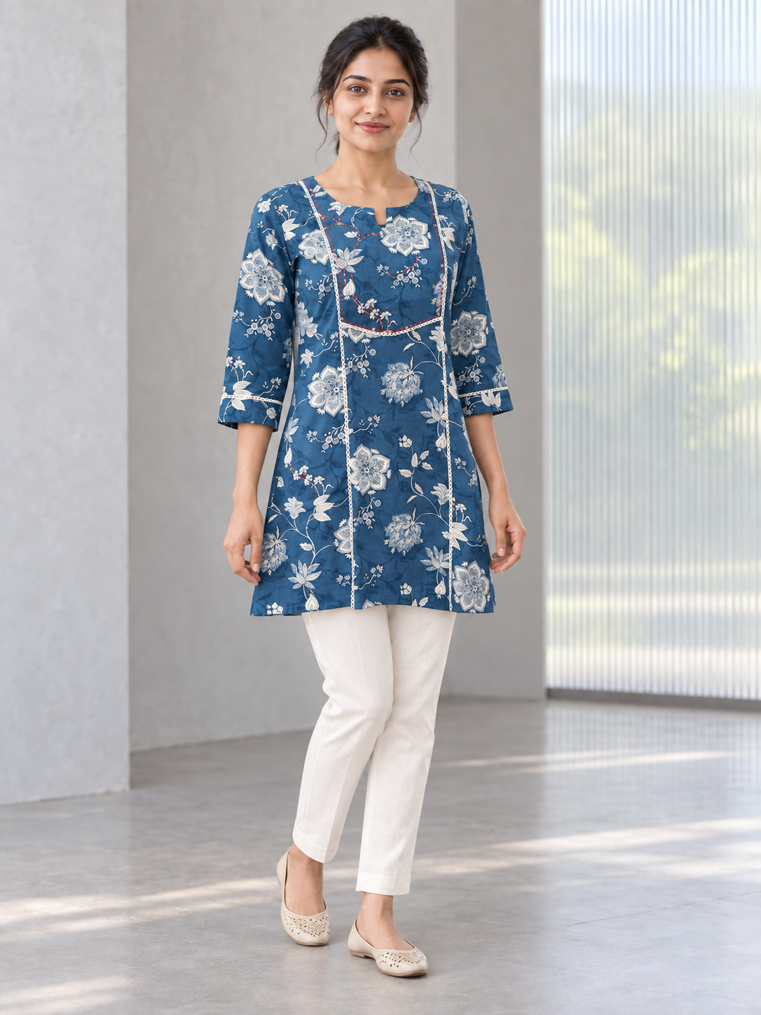 Peachmode Blue Rayon Floral Printed Embroidered Top - Image 5