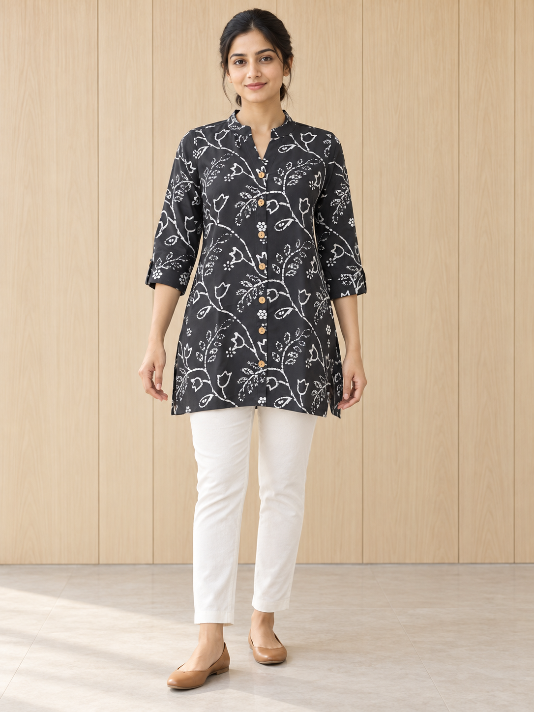 Peachmode Grey Rayon Floral Line-Art Buttoned Top - Image 1