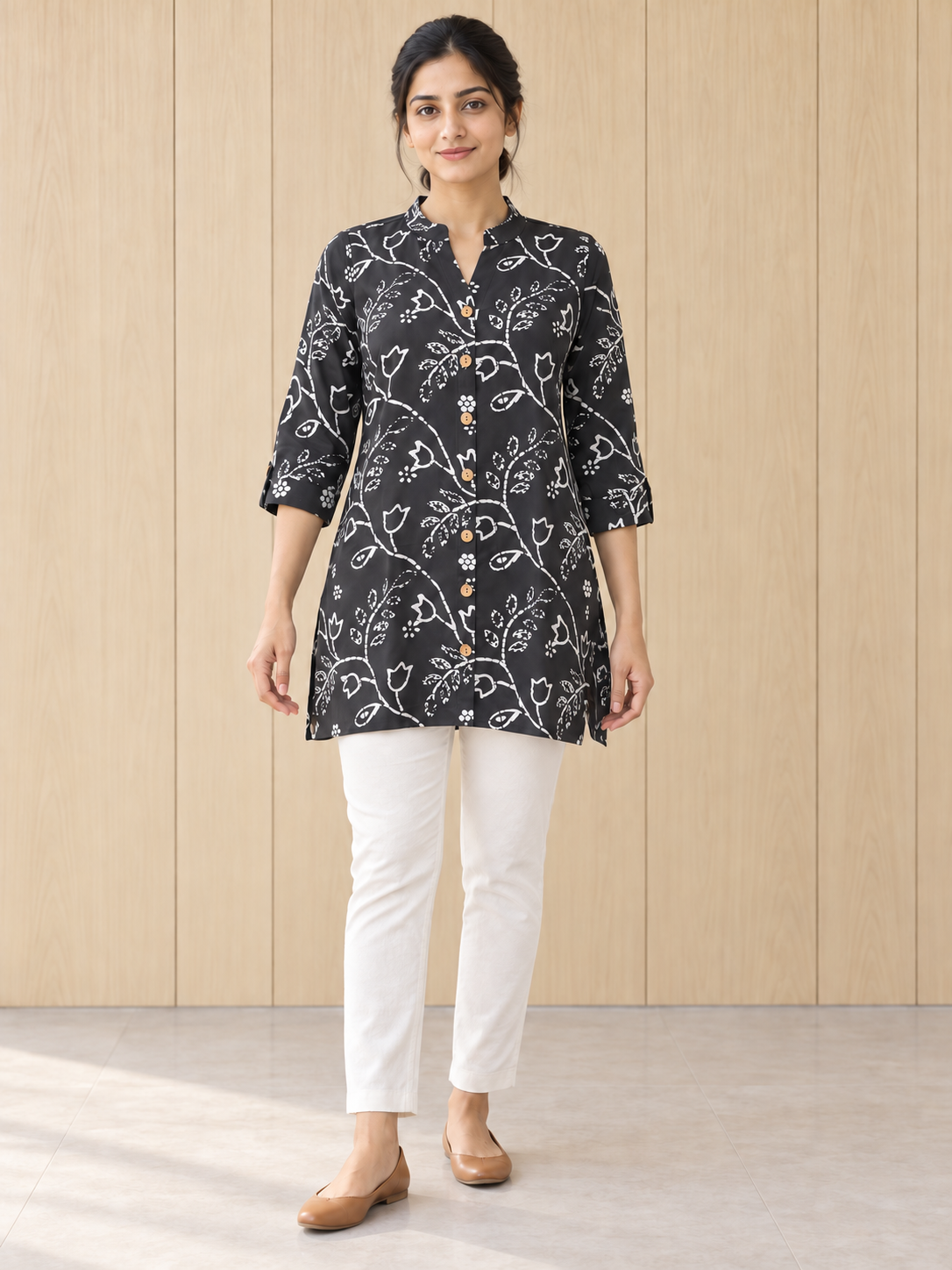 Peachmode Grey Rayon Floral Line-Art Buttoned Top - Image 2