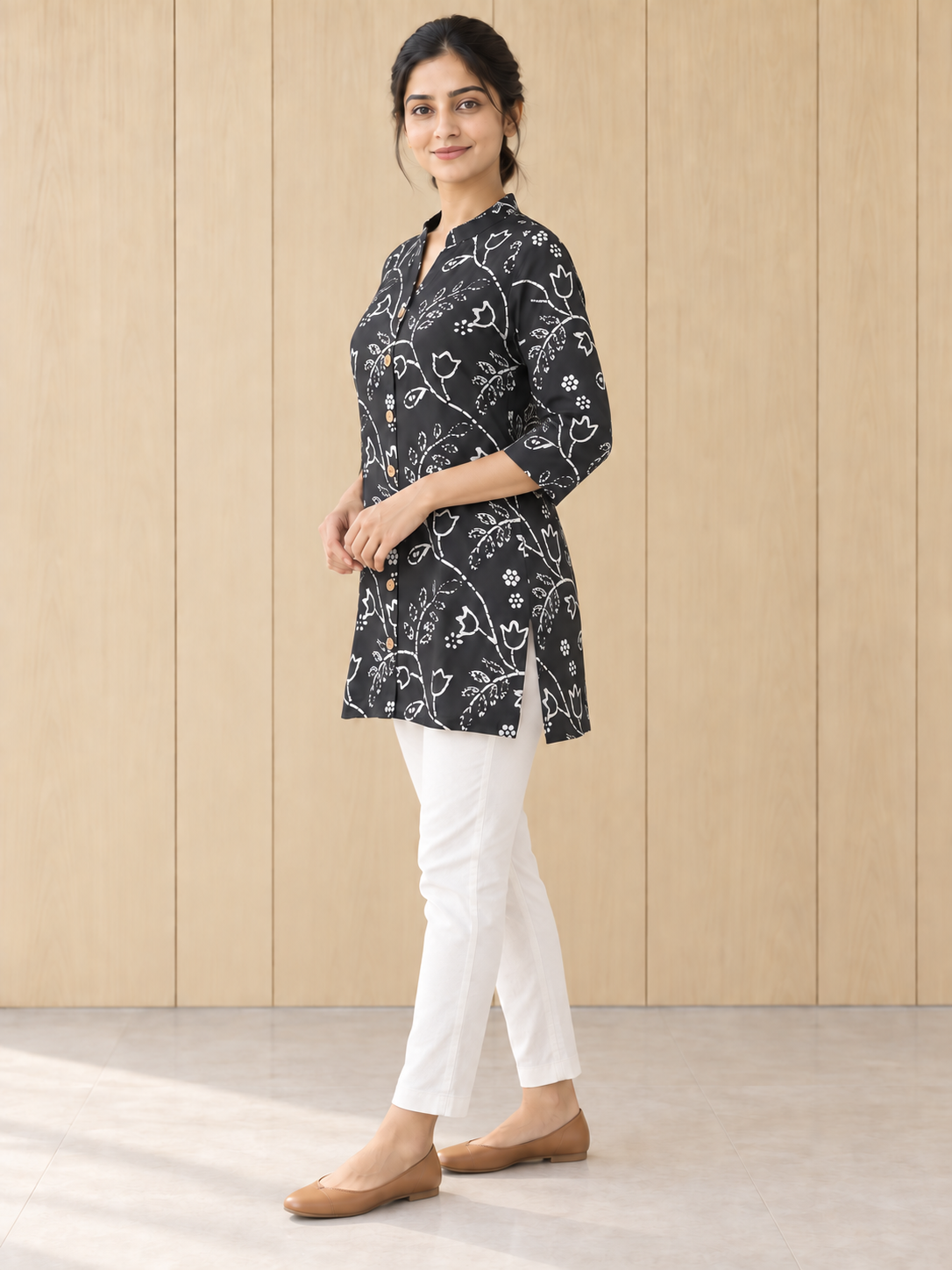 Peachmode Grey Rayon Floral Line-Art Buttoned Top - Image 3