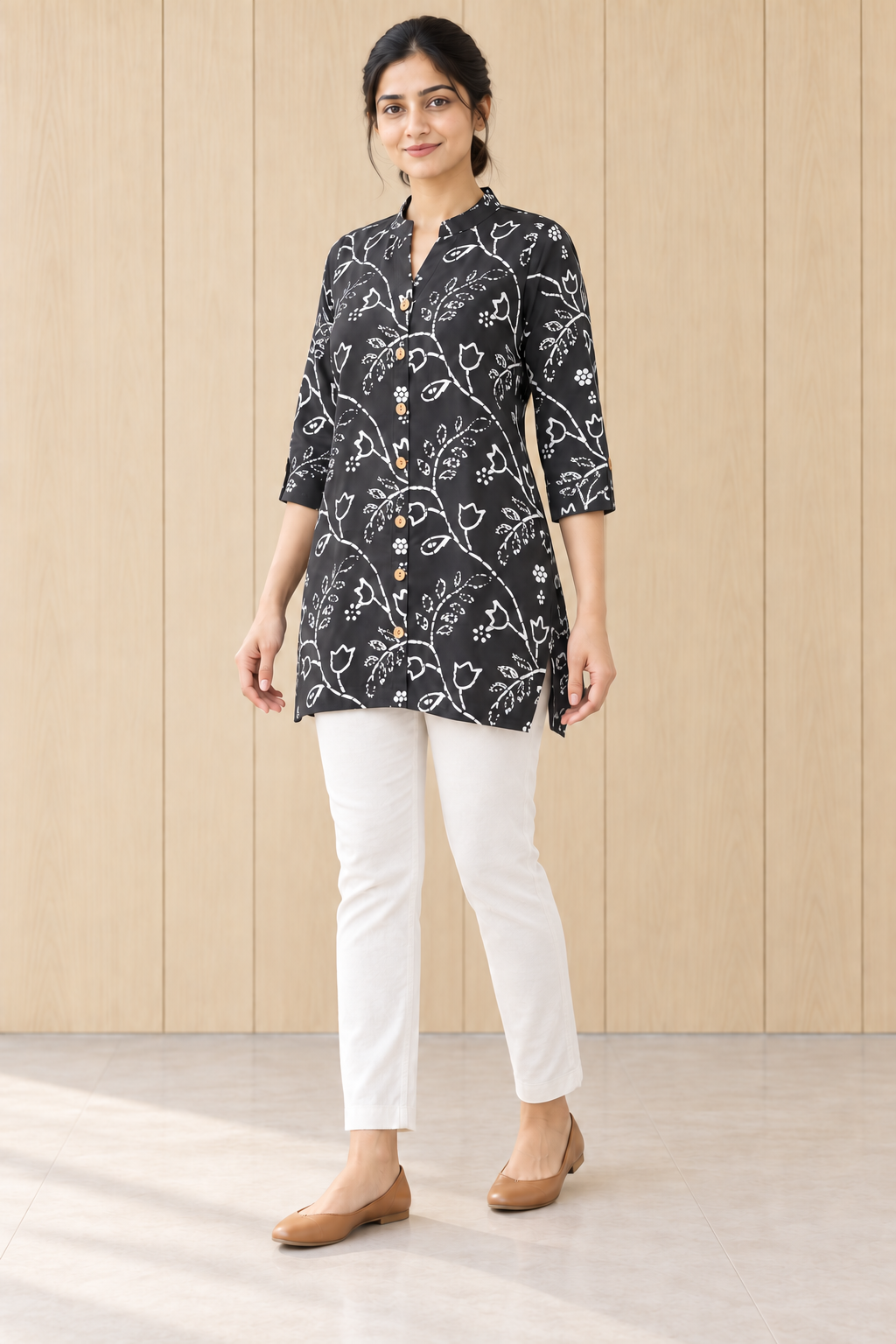 Peachmode Grey Rayon Floral Line-Art Buttoned Top - Image 5