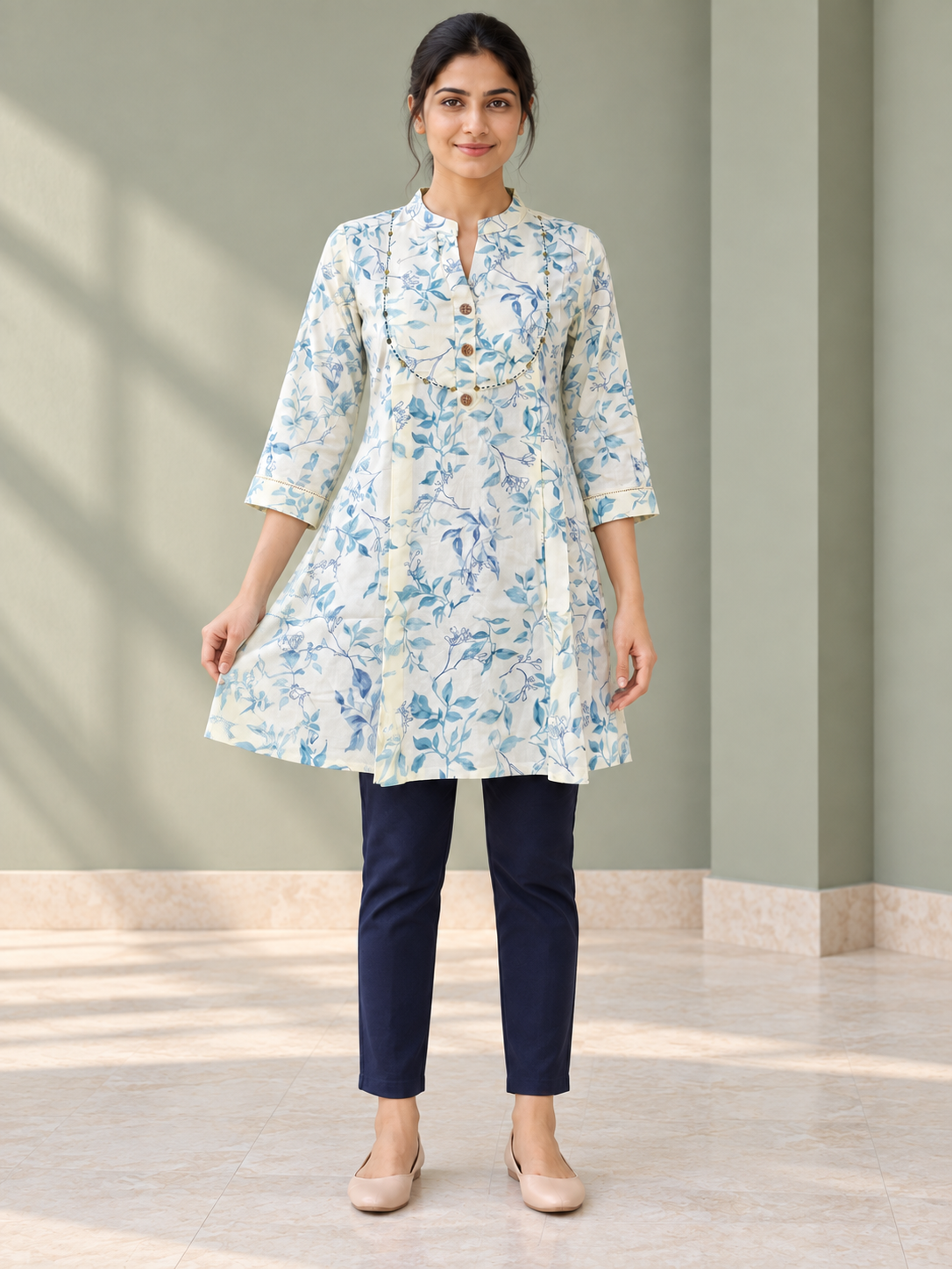 Peachmode Blue Rayon Leafy Floral Embroidered A-Line Top - Image 2