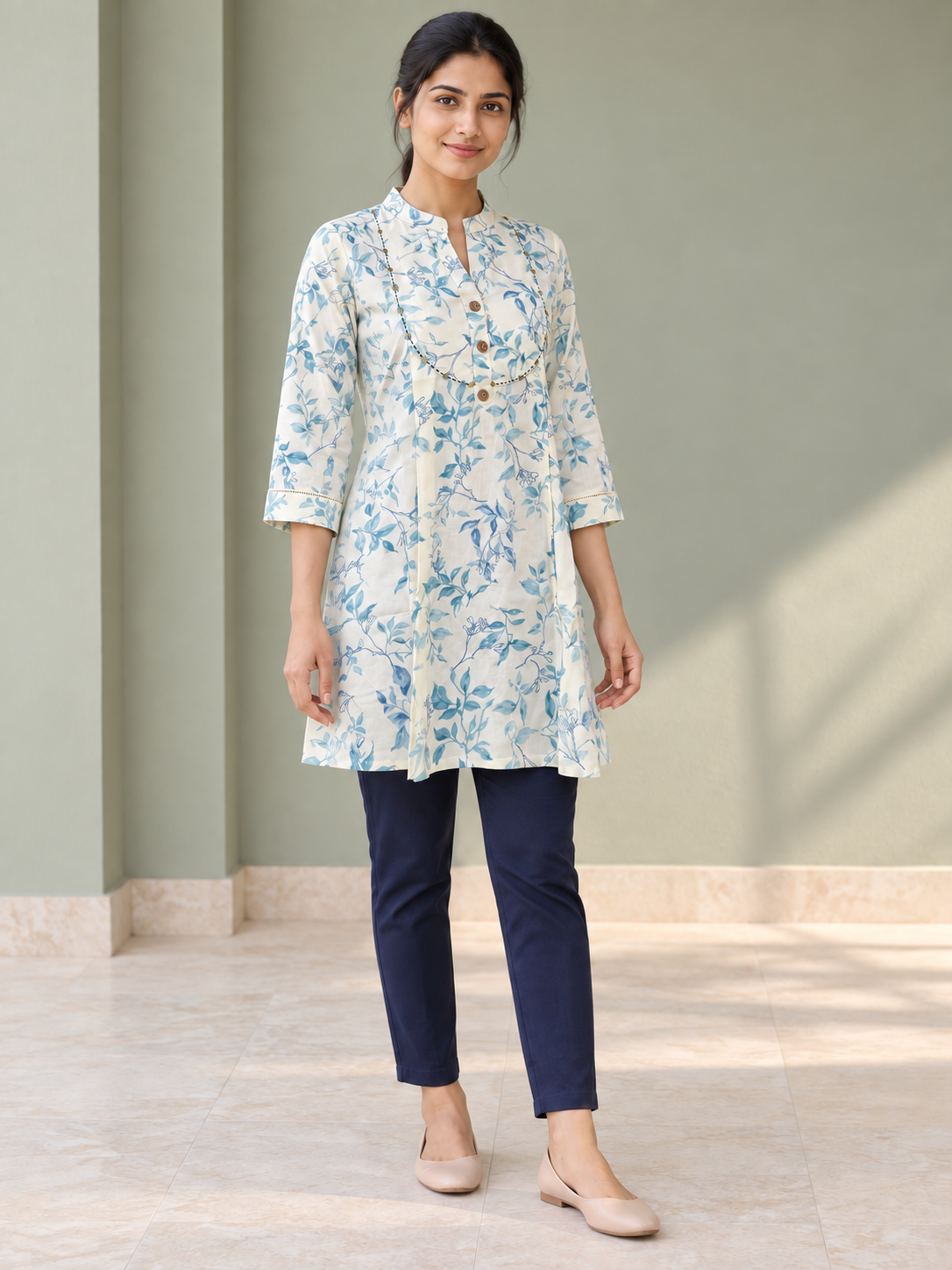 Peachmode Blue Rayon Leafy Floral Embroidered A-Line Top - Image 5