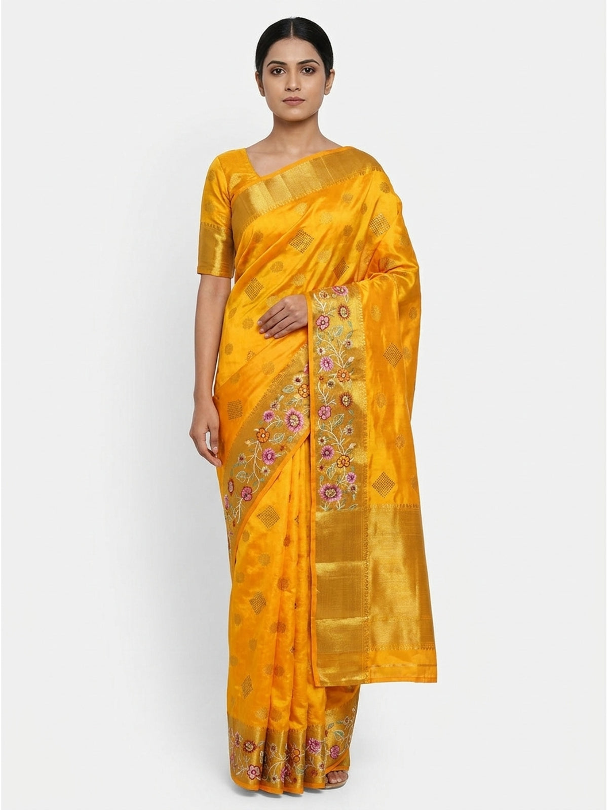 Yellow Zari Woven Jacquard Saree With Embroidery Border - Image 5