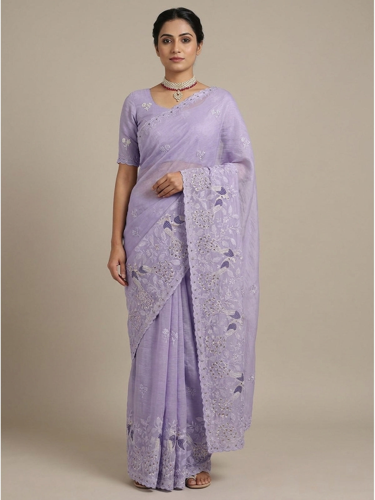 Light Lavender Floral Sequins Embroidered Art Silk Crush Saree - Image 1