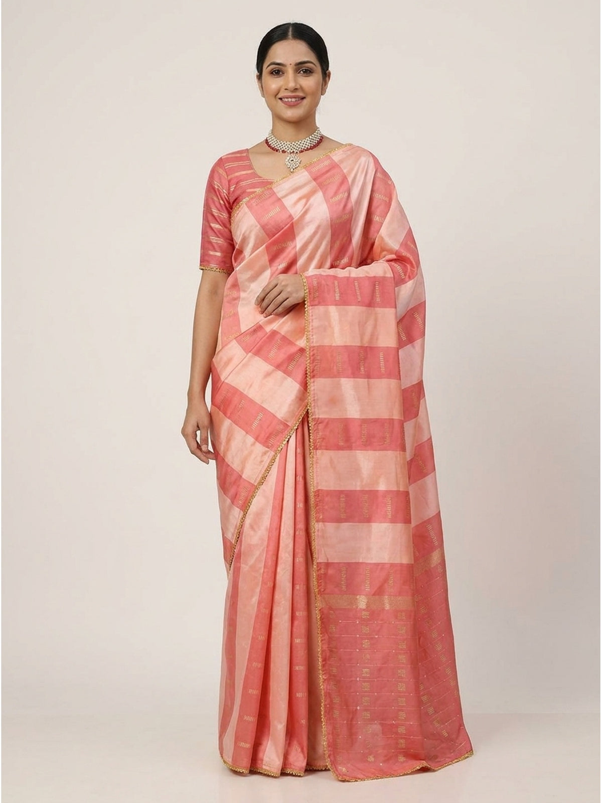 Peach Zari Woven With Sequins Work Tussar Silk Saree With Lace Border - Image 5