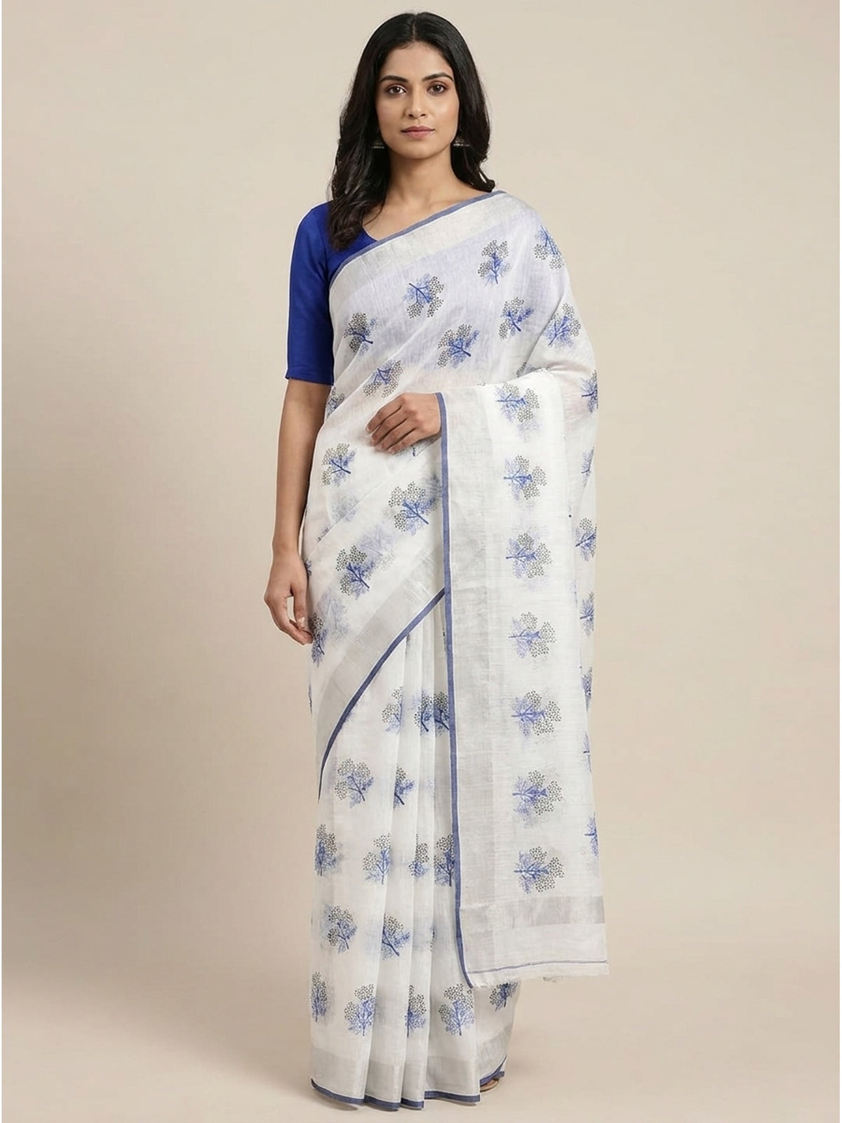 White & Blue Floral Printed Linen Saree - Image 5