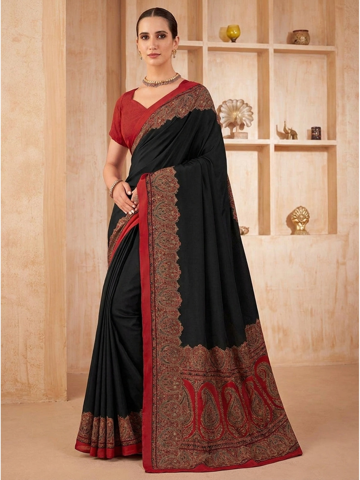 Black Floral Printed Crepe Silk Saree - Image 1