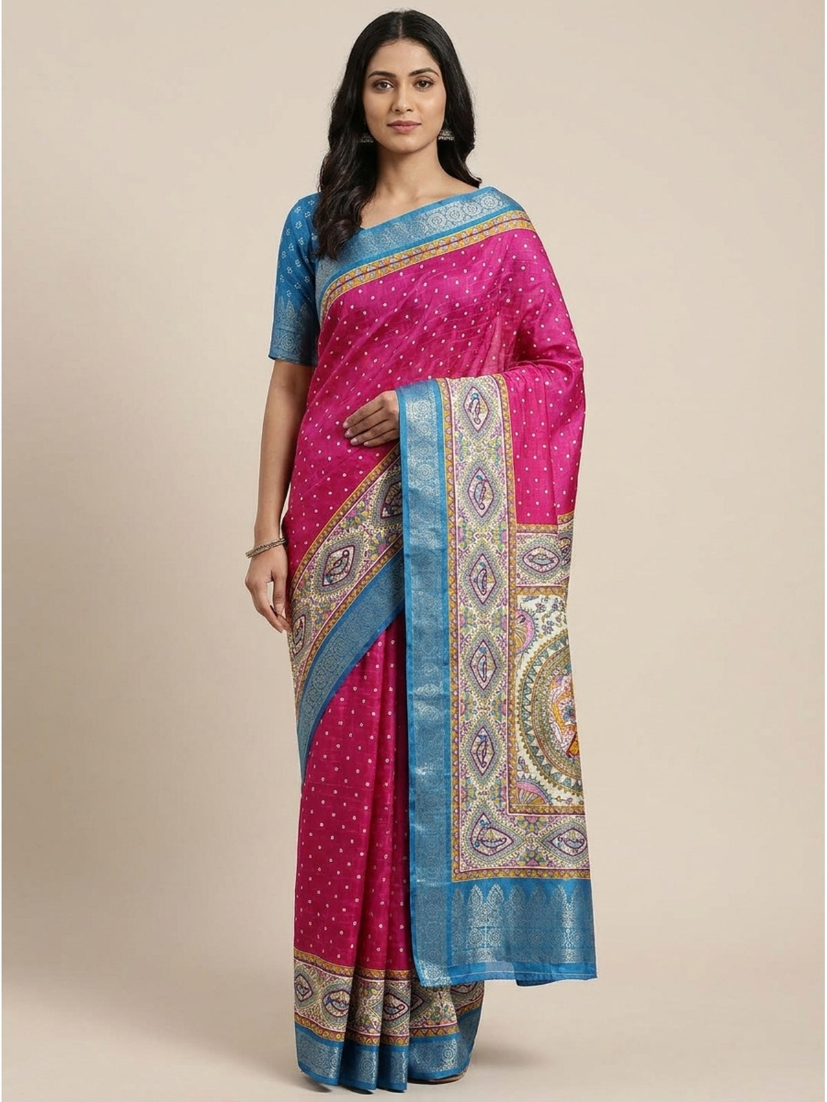 Pink Madhubani Work Woven Dola Silk Saree - Image 5