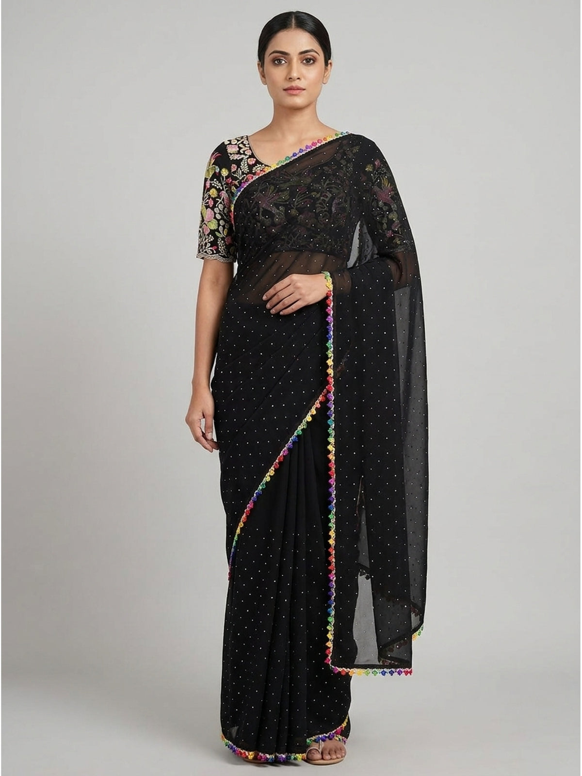Black Swarovski Work Embroidered Georgette Saree - Image 5