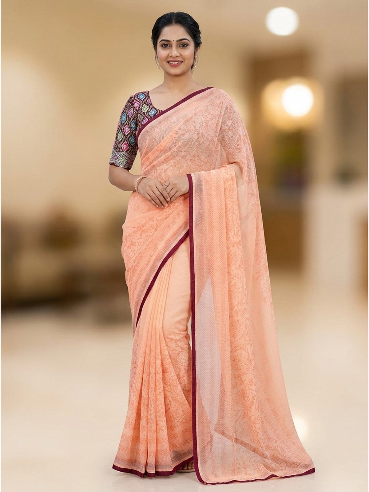 Light Peach Floral Printed Georgette Saree - Image 5