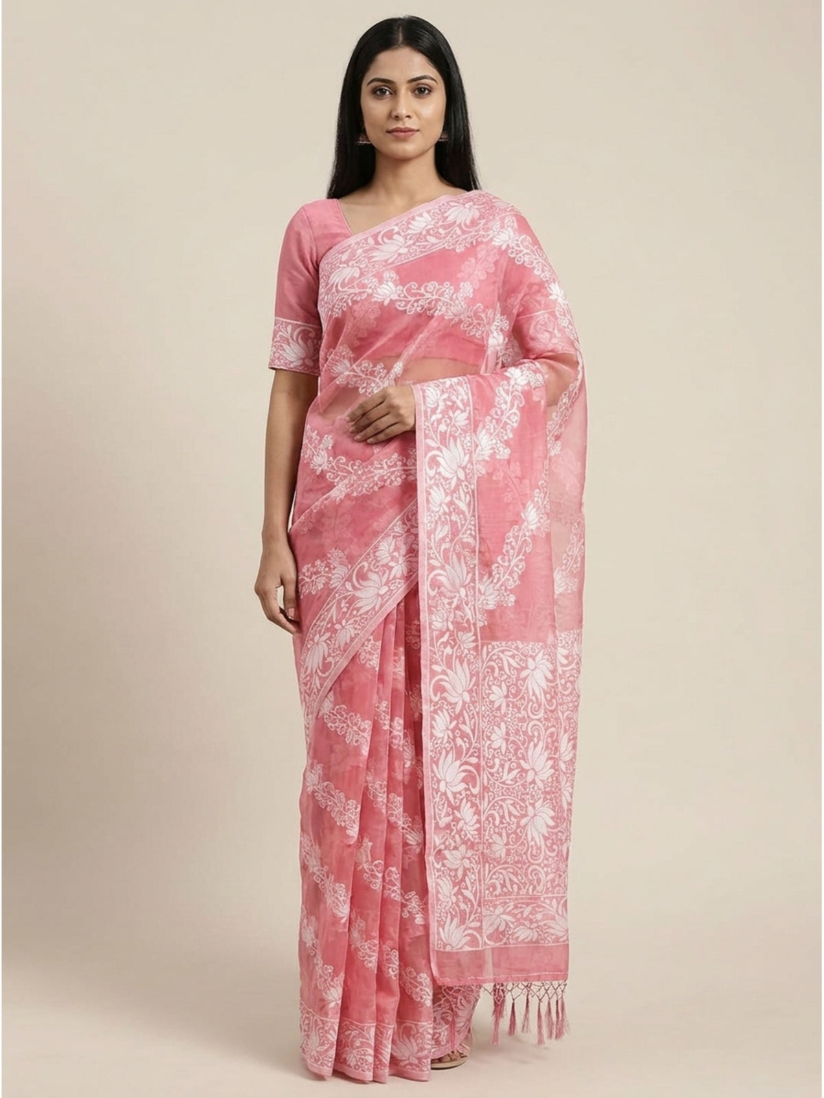 Gajari Pink Floral Woven Banarasi Silk Saree With Tassels - Image 5