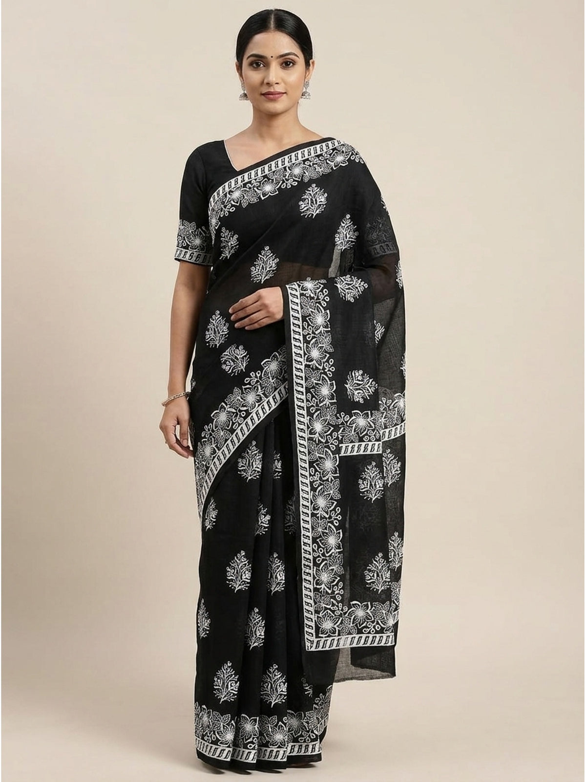 Black Floral Embroidered Kota Doria Saree - Image 5