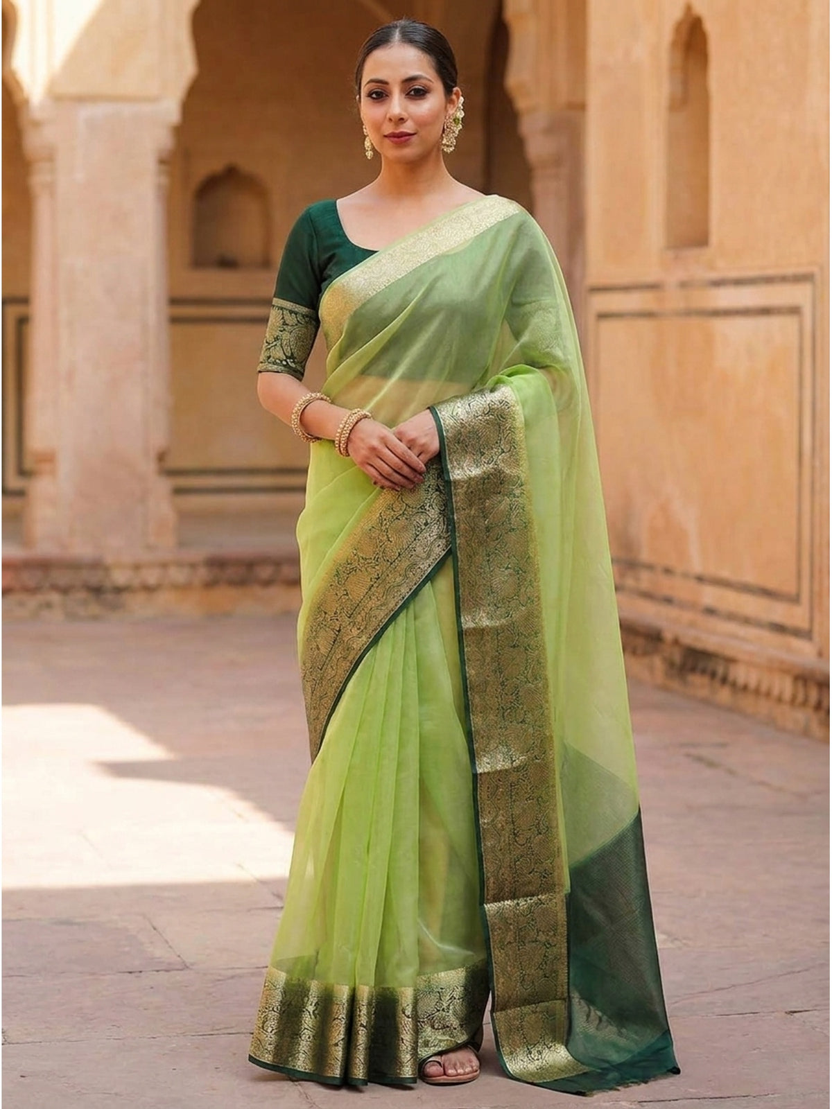 Green Solid Organza Saree With Zari Border - Image 3