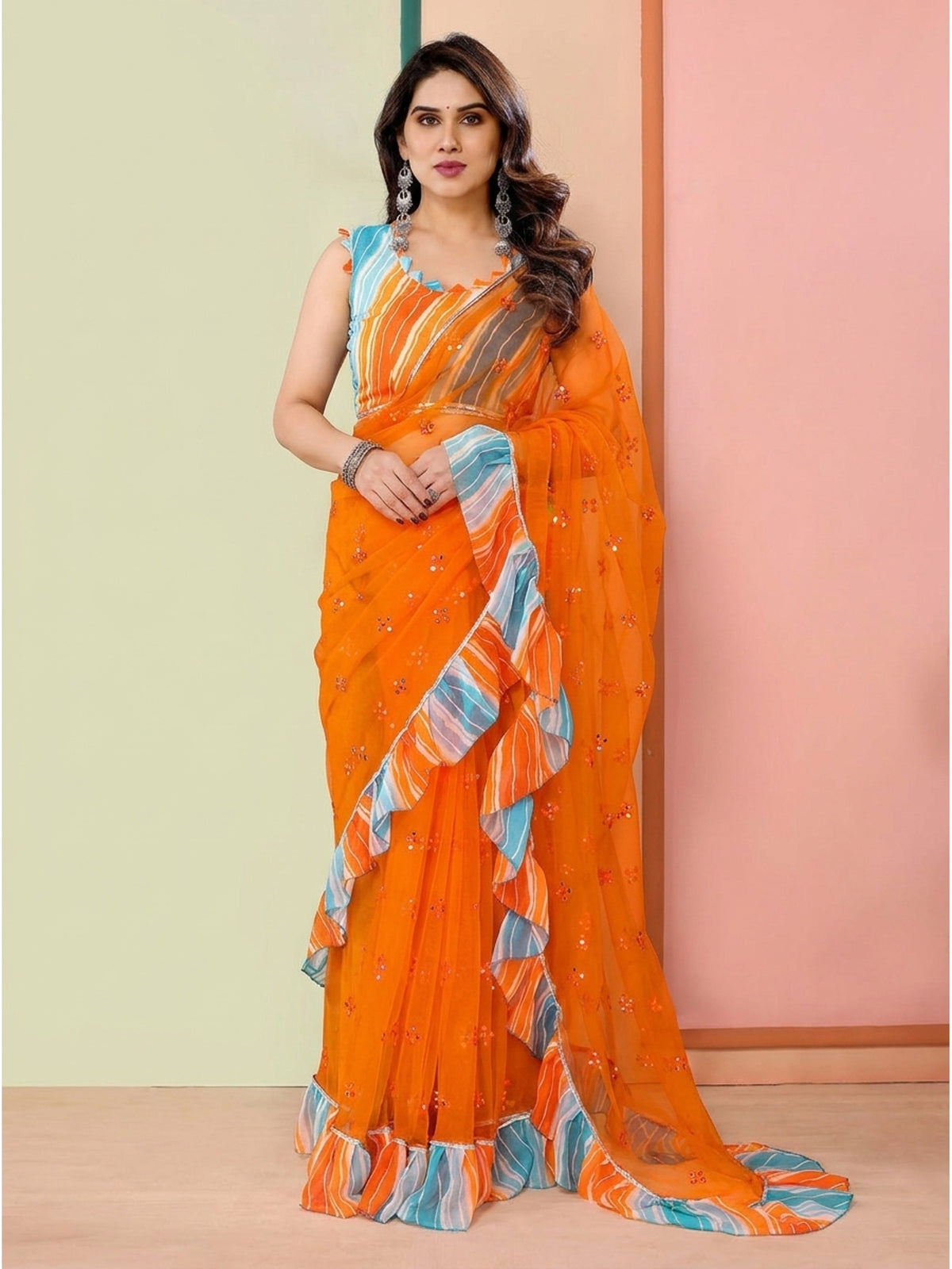 Orange Mirror Work Embroidered Net Ruffle Saree - Image 1