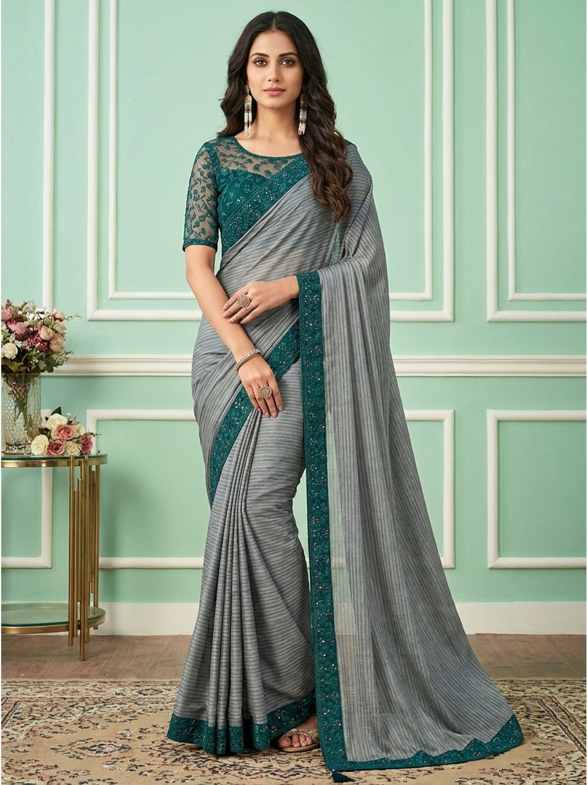 Grey Embroidered Georgette Designer Saree - Image 1