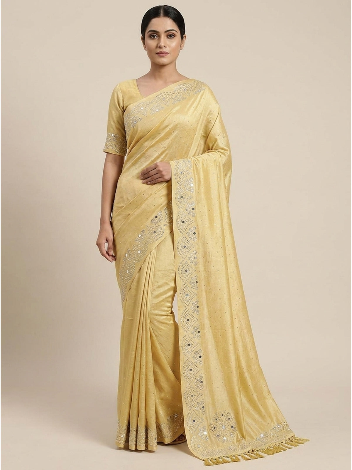 Yellow Mirror With Swarovski Work Chinon Saree - Image 4