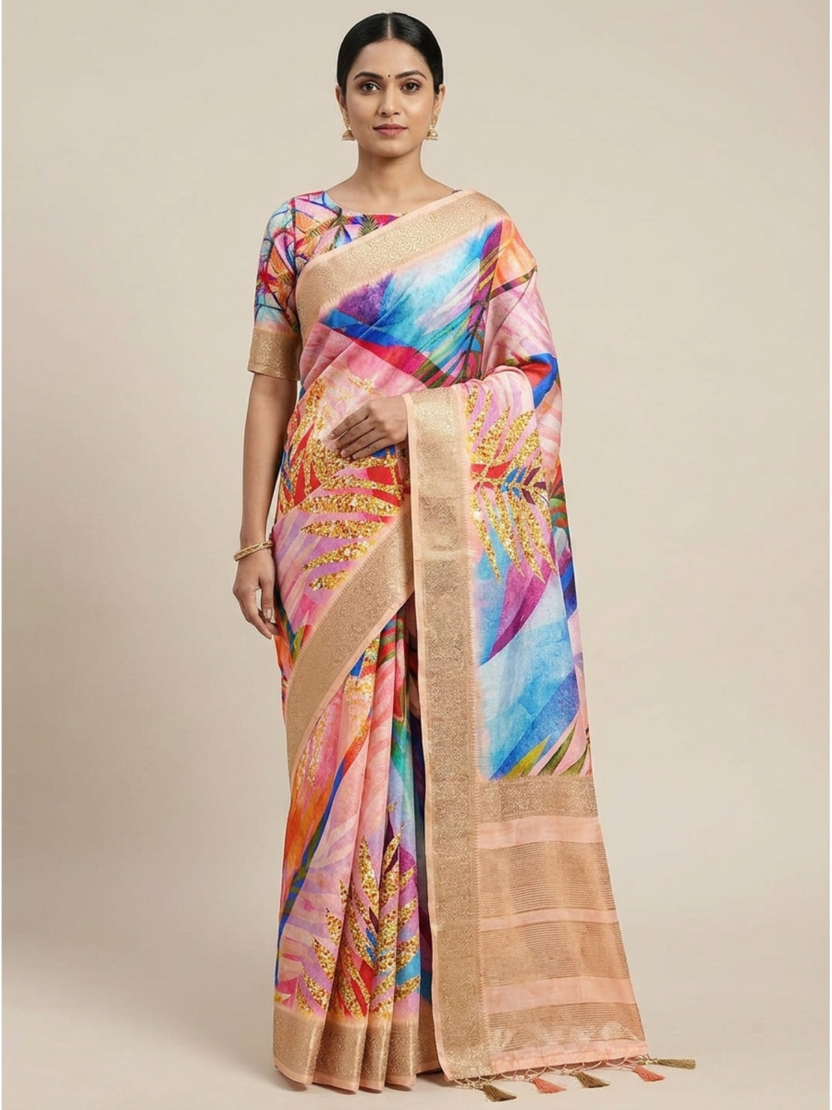 Peach Digital Printed Dola Silk Saree With Woven Border - Image 4