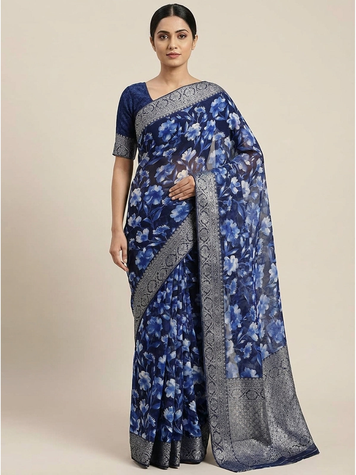 Blue Floral Printed Georgette Saree With Woven Border - Image 4