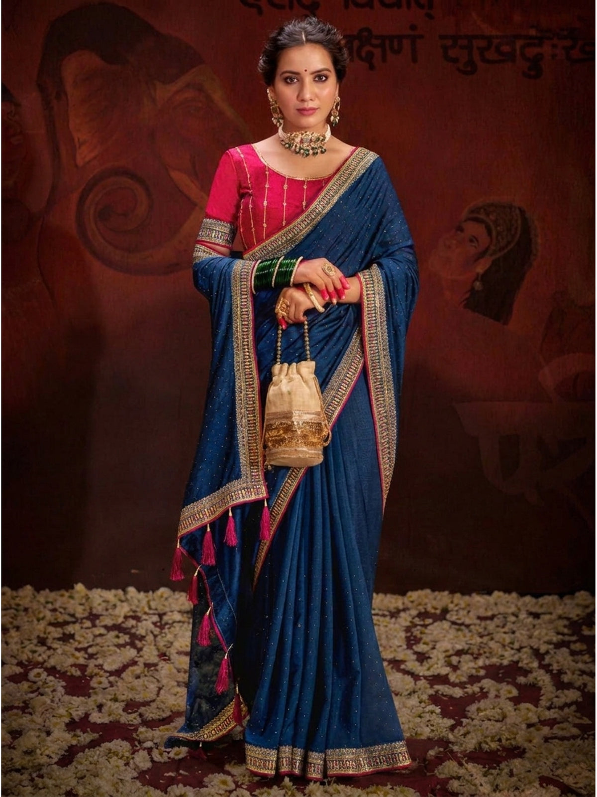 Royal Blue Embroidered Vichitra Silk Saree With Tassels - Image 5