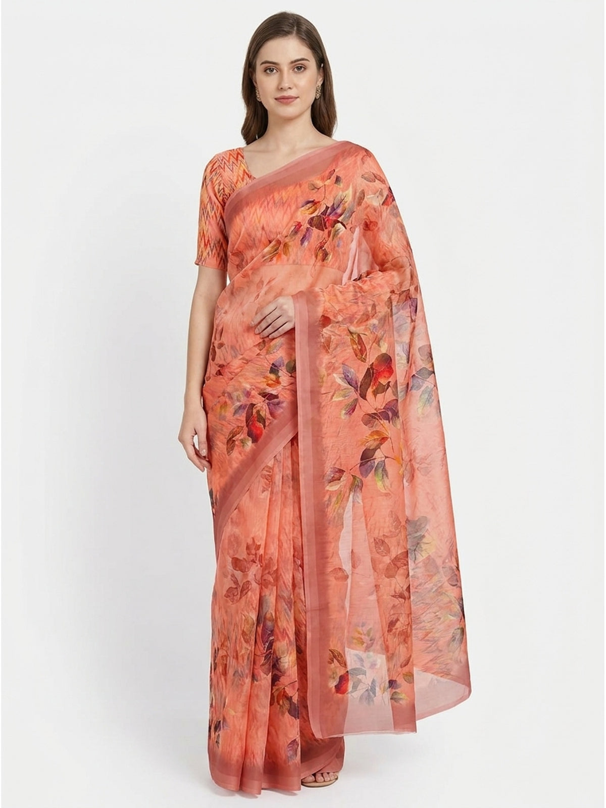 Peach Floral Digital Printed Georgette Saree - Image 4
