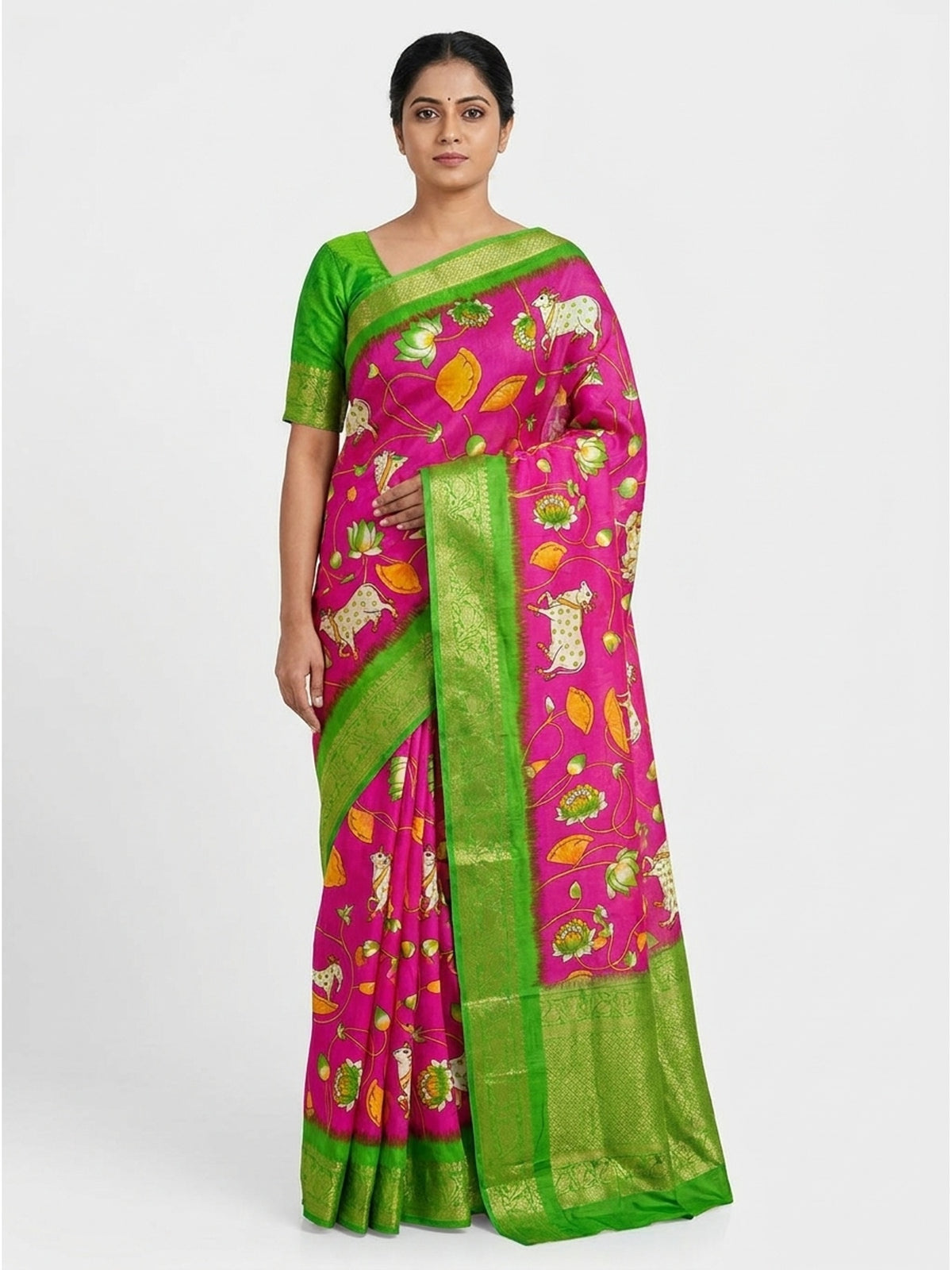 Rani Pink Floral Printed Dola Silk Saree - Image 4