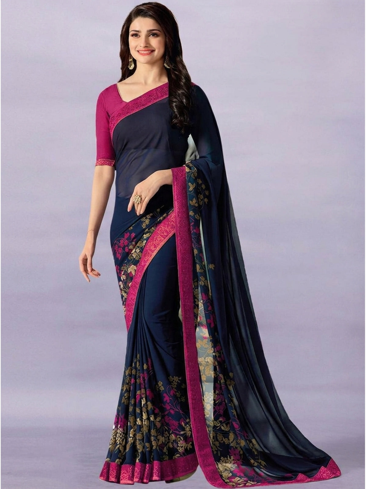 Navy Blue & Pink Floral Printed Georgette Saree - Image 1