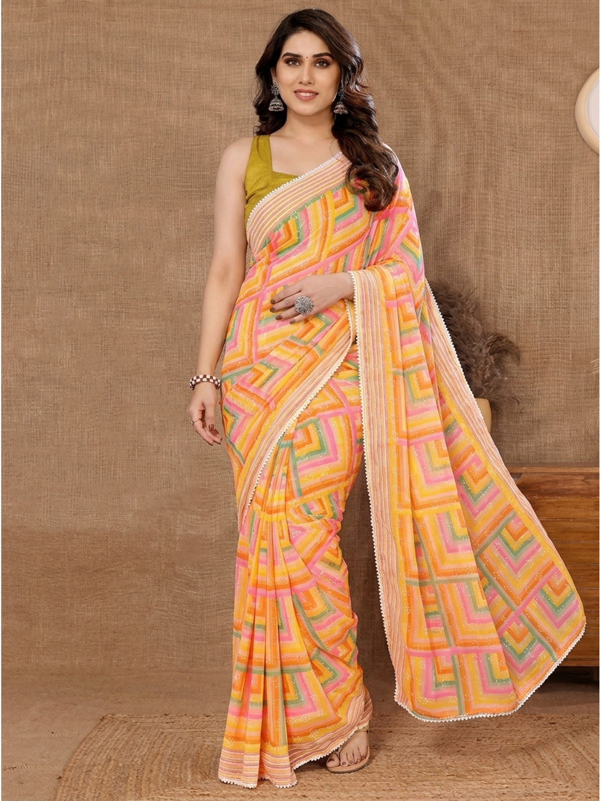 Yellow Geometric Printed Ready To Wear Georgette Saree - Image 2