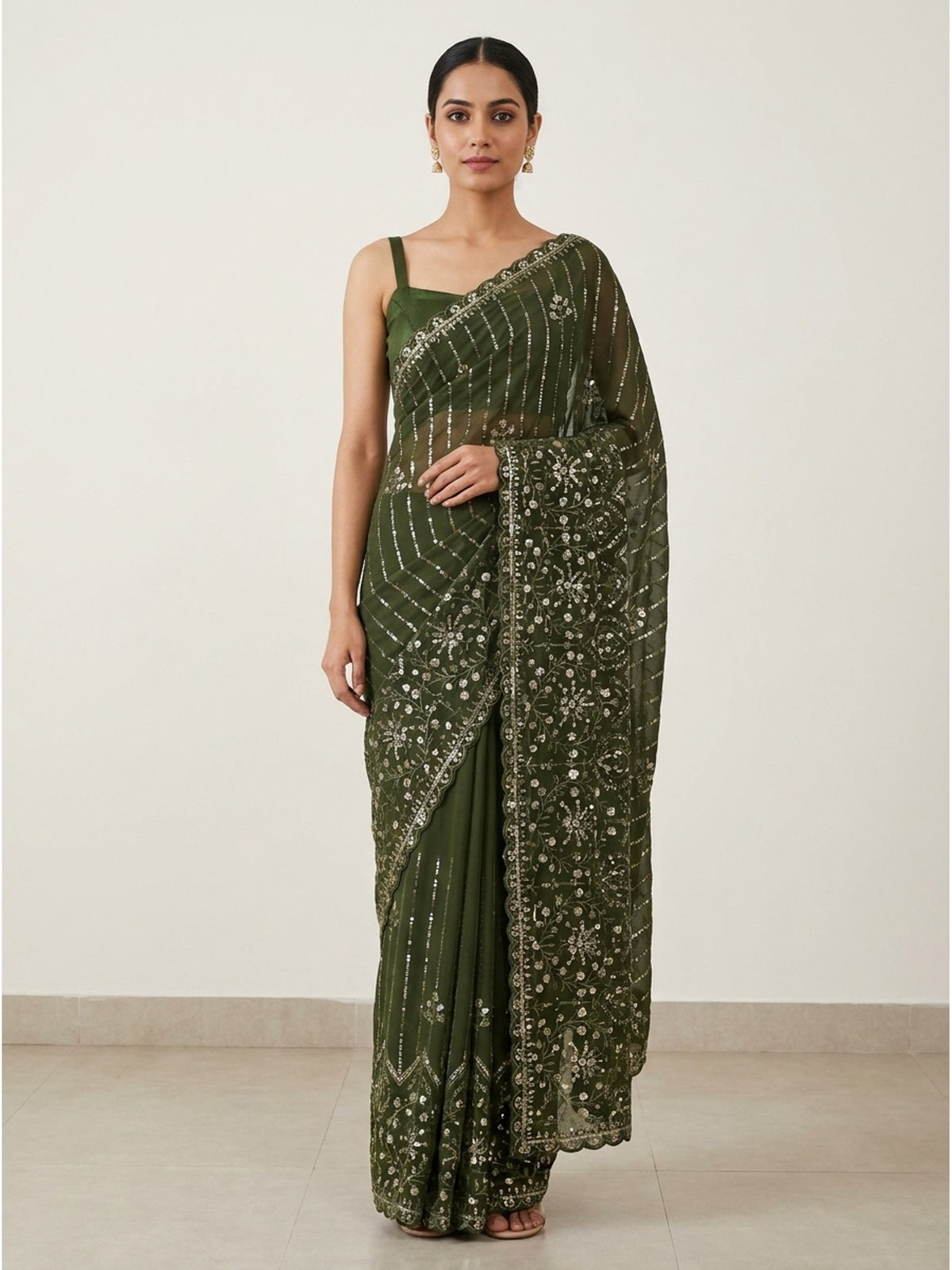 Mehandi Green Sequins Embroidered Georgette Saree - Image 1