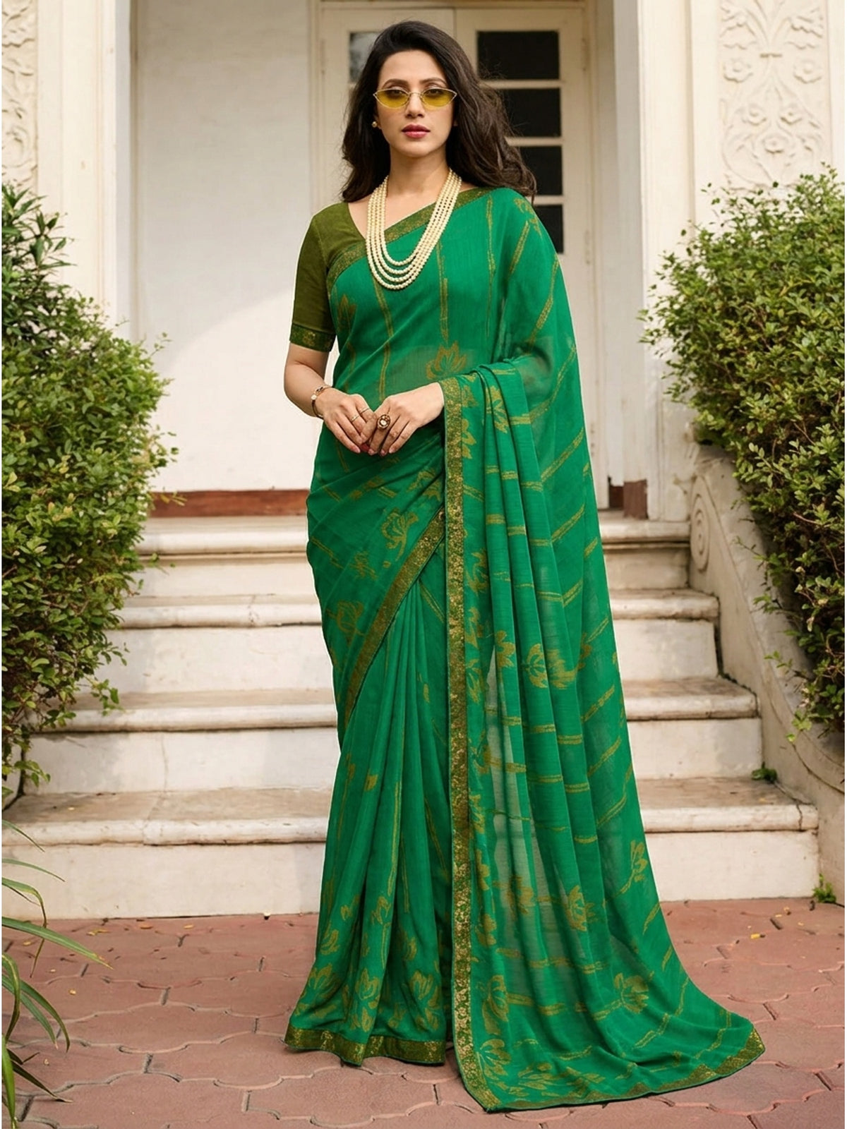 Green Printed Art Silk Saree With Lace Border - Image 1