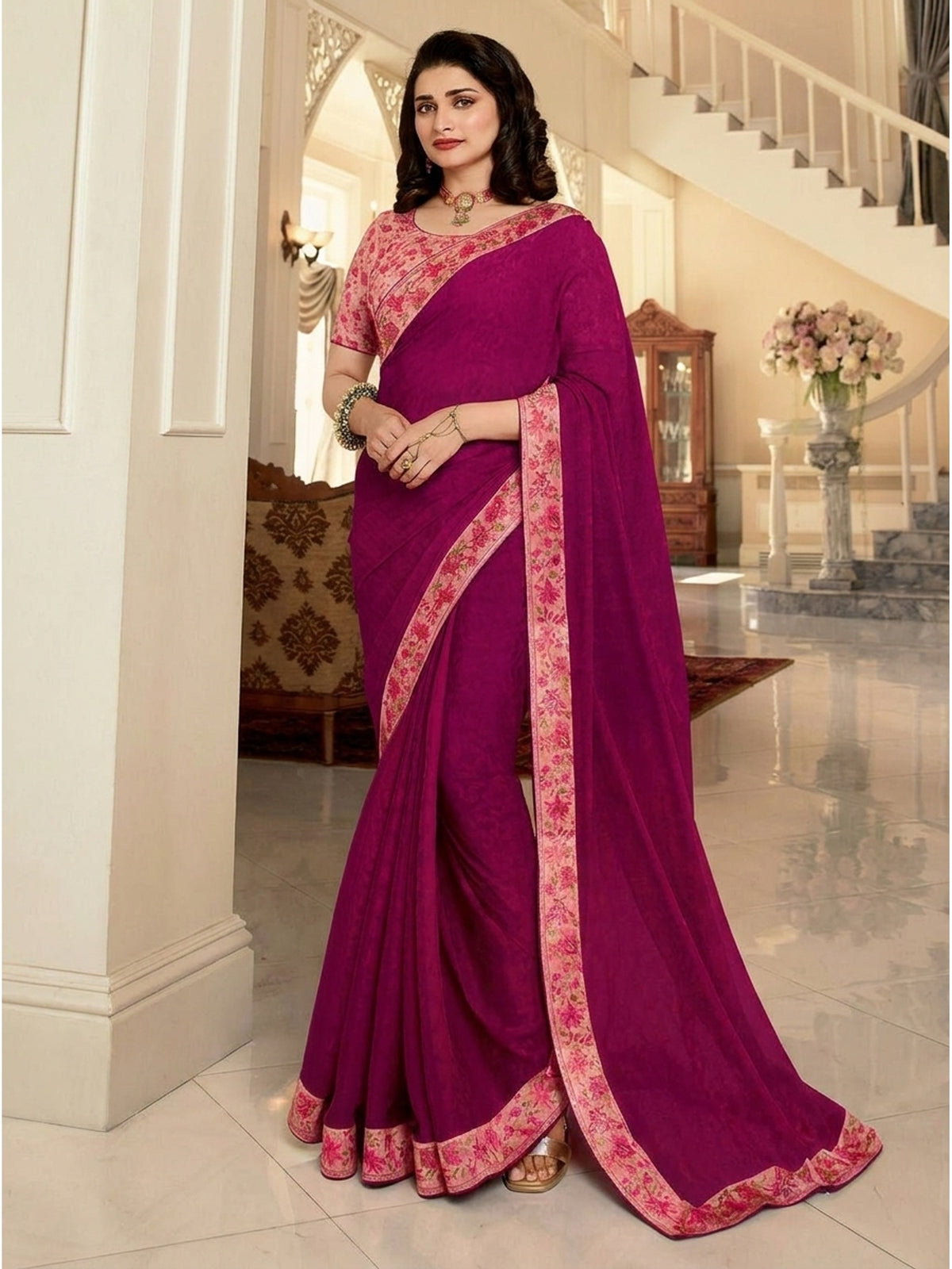 Pink Floral Digital Printed Georgette Saree - Image 5