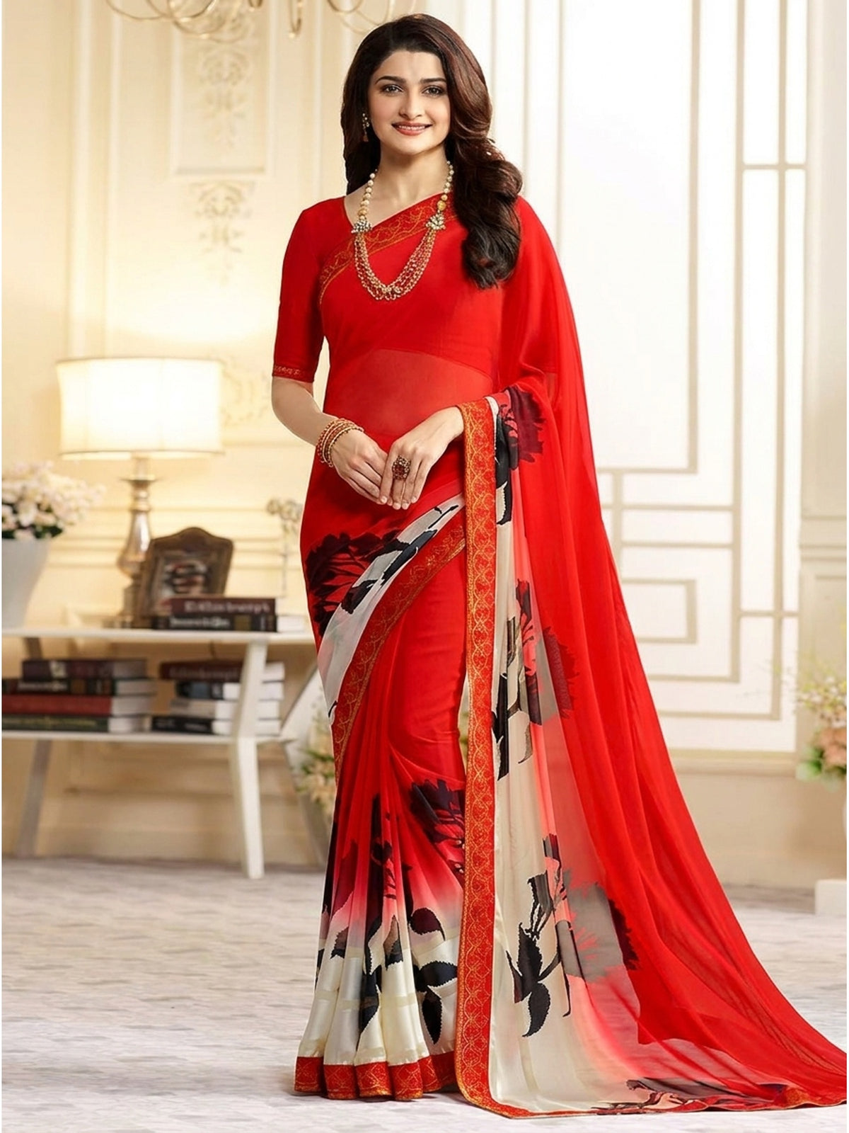 Red Printed Georgette Saree With Lace Border - Image 1