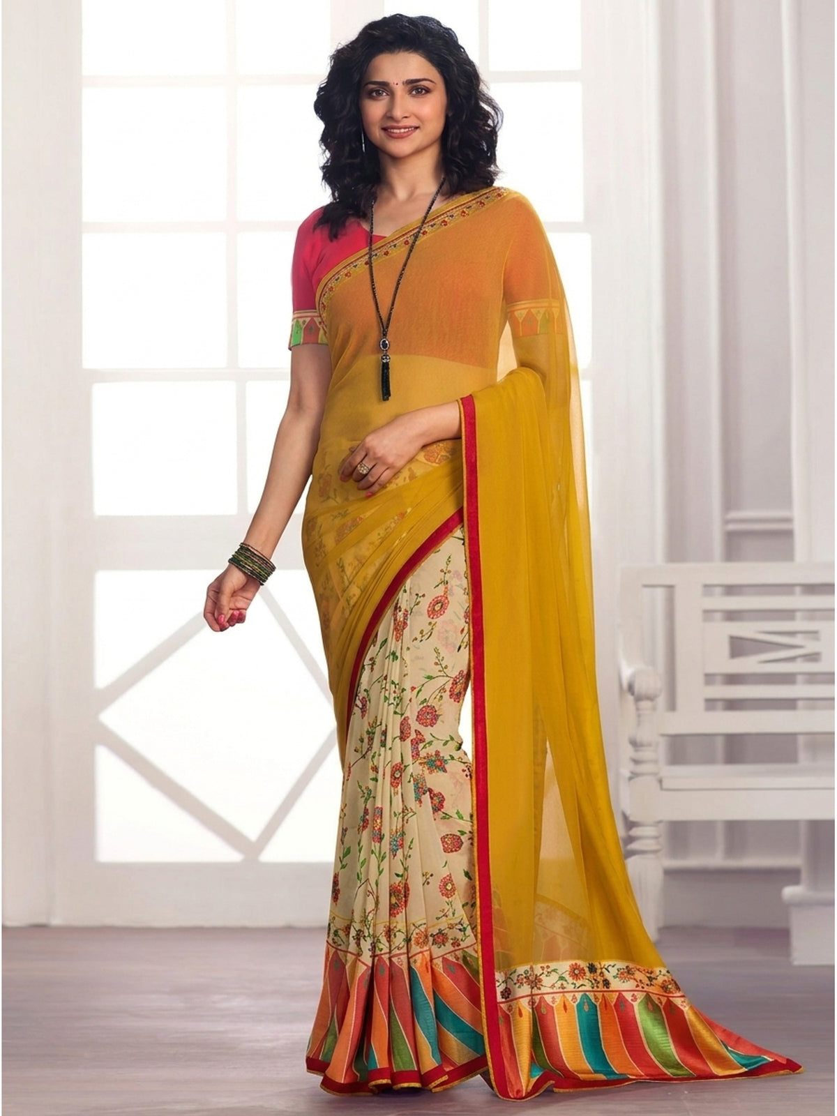 Yellow Floral Printed Georgette Saree - Image 1