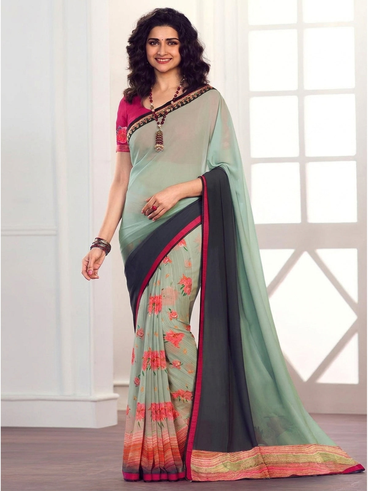 Light Green Floral Printed Georgette Saree - Image 1