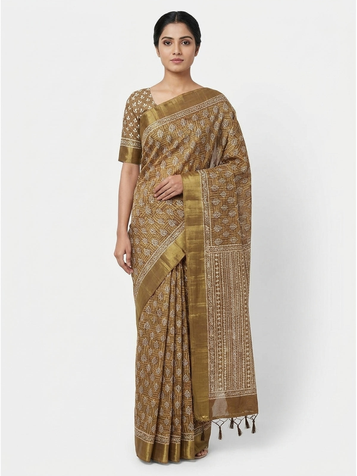 Mehendi Green Floral Printed Matka Tussar Saree With Tassels - Image 4