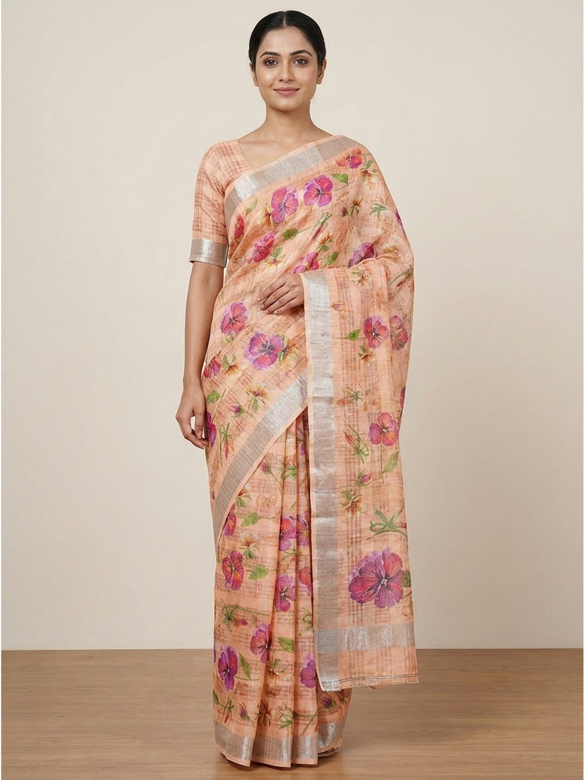 Light Peach Floral Digital Printed Cotton Silk Saree - Image 4