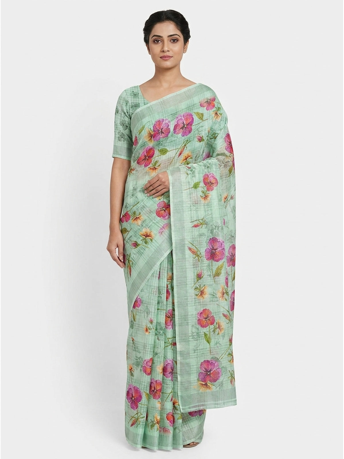 Turquoise Green Floral Digital Printed Cotton Silk Saree - Image 4