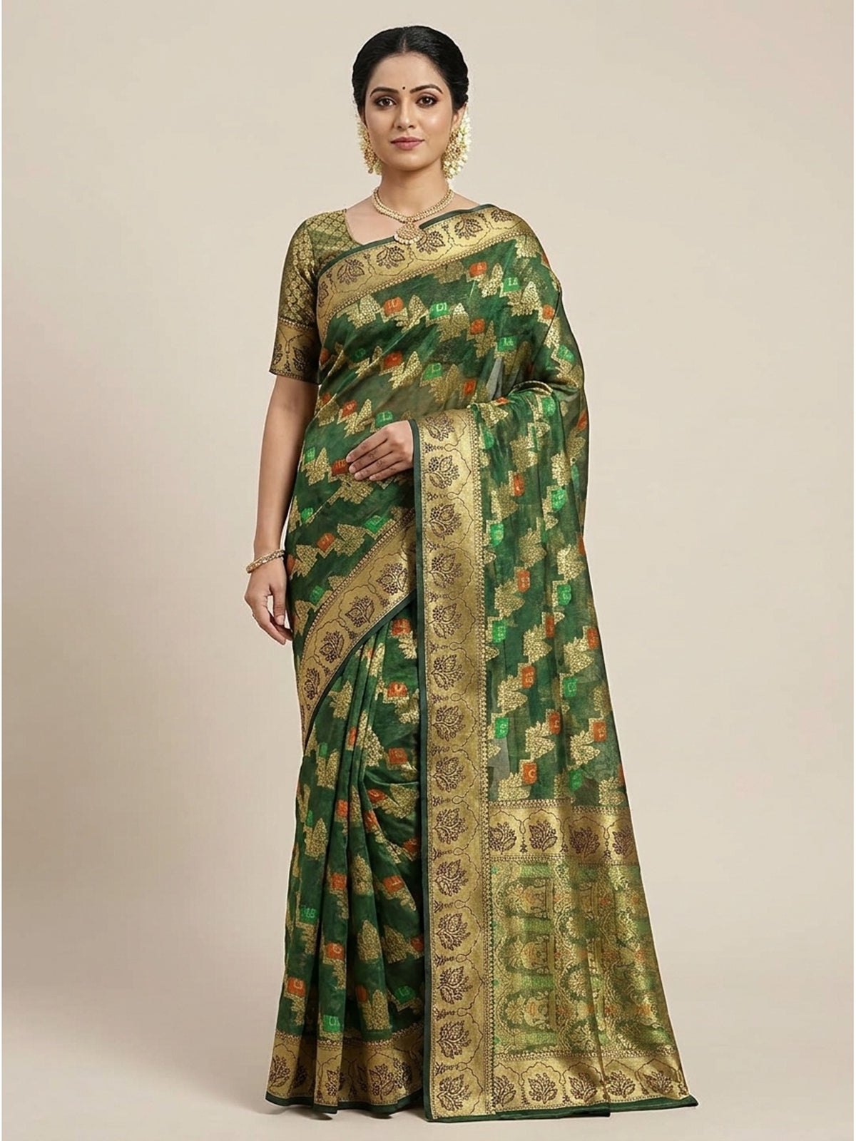 Dark Green Woven Organza Saree - Image 4