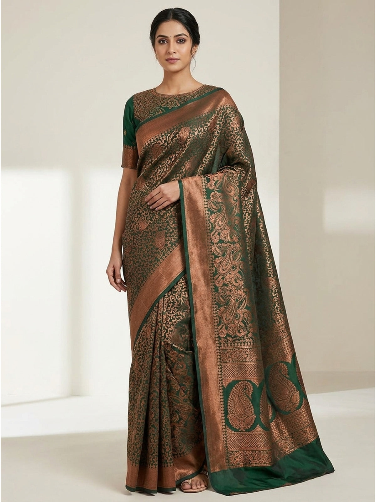 Dark Rama Woven Jacquard Saree - Image 4