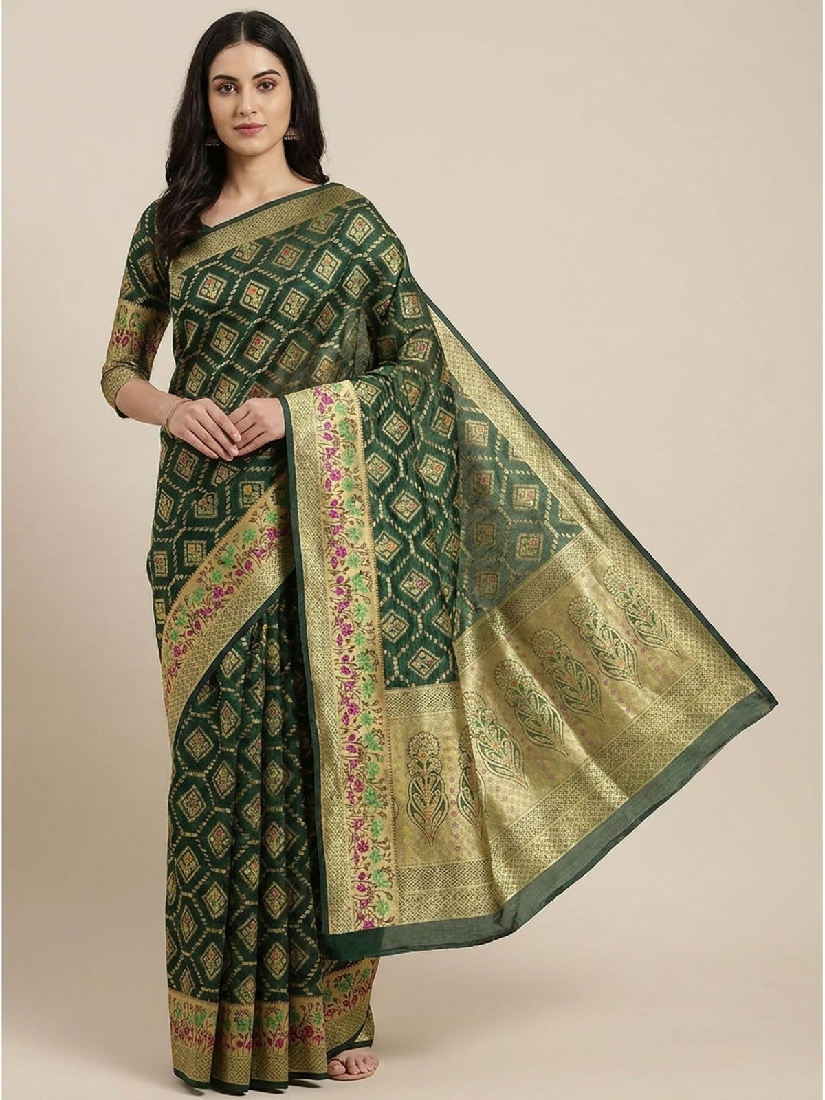 Green Woven Organza Saree - Image 4